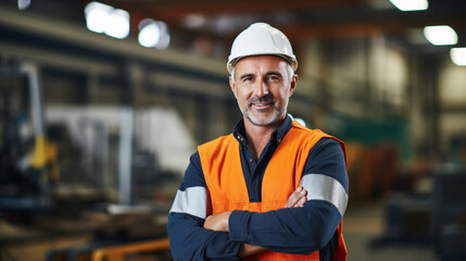 Proud Industrial Worker with Tools, working in a factory, with copy space, blurred background