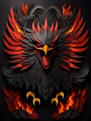 illustration of a red bird with black wings on a black background , paper cut style