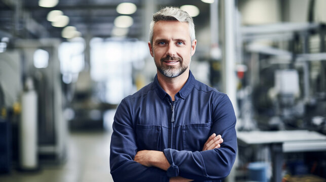 Proud Factory Manager, working in a factory, with copy space, blurred background
