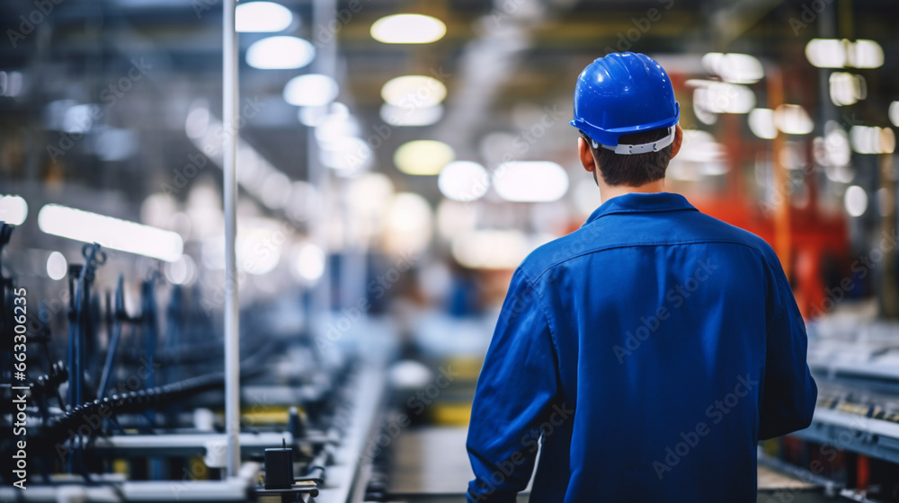 Poster assembling line supervisor, working in a factory, with copy space, blurred background