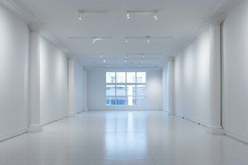 well-lit vacant exhibit space with blank plaster. Generative AI