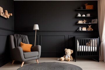 children's room in black and gray shades, gray chair with cushions 