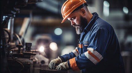 Skilled Machinist, working in a factory, with copy space, blurred background - obrazy, fototapety, plakaty