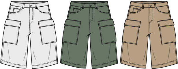 cargo bermuda shorts flat sketch vector illustration technical cad drawing template