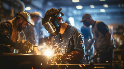 Welding and Fabrication Team, working in a factory, with copy space, blurred background - obrazy, fototapety, plakaty