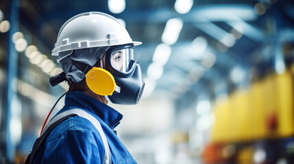 Technician with Safety Gear, working in a factory, with copy space, blurred background