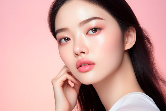  Beautiful asian woman with pastel pink lips, close - up, white skin, on pink background