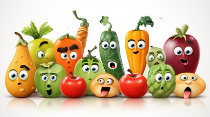 A group of cartoon vegetables with eyes and mouths
