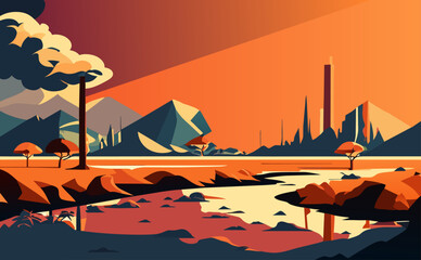Illustration of climate change awareness vector editable asset orange sky smoke oceans and cities