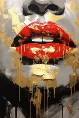 Gordijnen Woman face with glossy red lips and golden splatter © Golden_hind