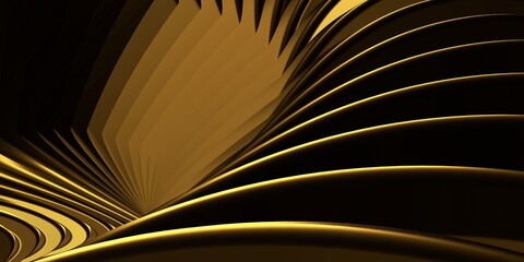 Abstract futuristic illustration of a golden circle with golden stripes coming from it with black shadows on a black background, similar to a futuristic image of the sun. Abstract luxury style golden