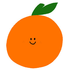 A happy orange drawing in crayon for brand logo, summer fruit icon, cartoon character, comic, mascot, cute sticker, dessert, cafe, menu, recipe, ingredients, fabric print, vegan, organic, diet