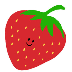 A happy strawberry drawing in red crayon for brand logo, summer fruit icon, cartoon character, comic, mascot, cute sticker, dessert, cafe, menu, recipe, ingredients, fabric print, vegan, organic, diet