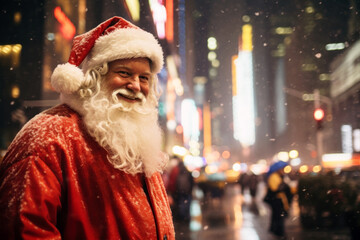 Santa Claus in New York City at Christmas winter night