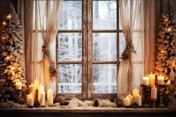 Rustic window decorated with Christmas ornaments and candles and cold winter scene outside