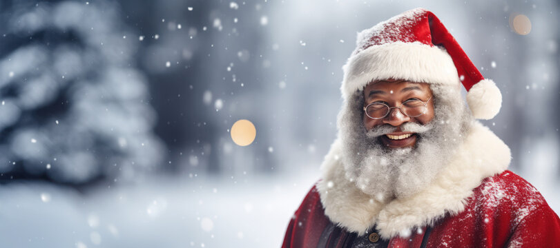 Smiling Afro American Santa Claus in winter Christmas scenery with snow falling