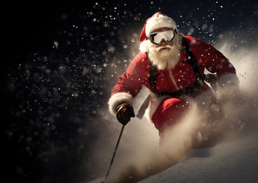 Santa Claus in goggles skiing in winter