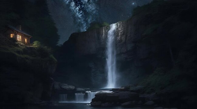 waterfall at night, with a wooden house on the mountain, a night sky lofi animation