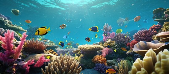 Naklejka na ściany i meble Underwater scene with exotic fish and coral reefs