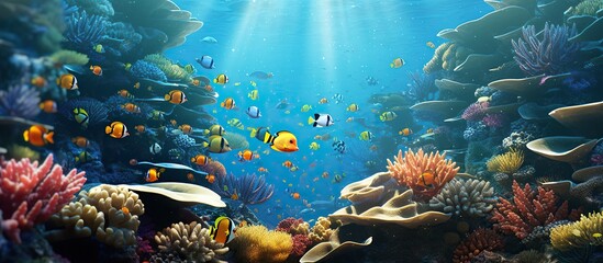 Fototapeta na wymiar Underwater scene with exotic fish and coral reefs