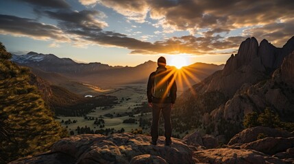Male traveler standing in a cave with a view of rocky mountains at sunrise - obrazy, fototapety, plakaty