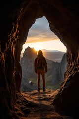 Male traveler standing in a cave with a view of rocky mountains at sunrise
