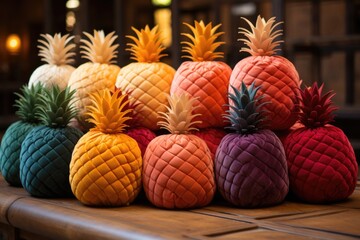 Fototapeta premium A group of stuffed pineapples sitting on top of a wooden table
