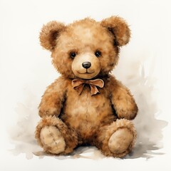 Watercolor funny playful teddy bear on white background.