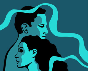 Cuddling people couple in blue color