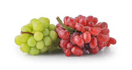 Green and  red grape with leaves isolated on white. With clipping path. Full depth of field.