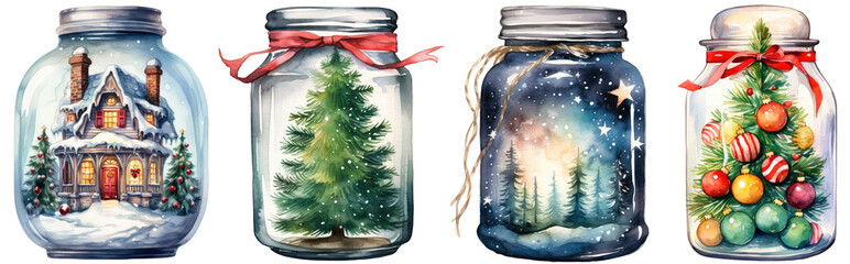 Watercolor christmas glass jar with Christmas tree branch and balls, Winter forest background with pine and fir trees, snowy  house on christmas fairytale. christmas card elements on transparent - obrazy, fototapety, plakaty