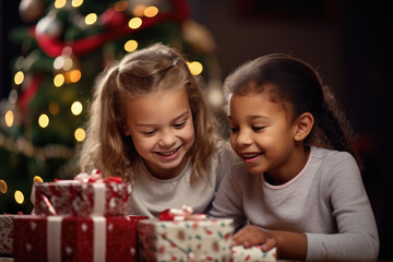 niño y niña sonrientes mirando un grupo de regalos de navidad, con fondo de árbol de navidad desenfocado, concepto navidad - obrazy, fototapety, plakaty