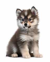 Obraz premium Adorable pomsky puppy (pomeranian and husky mix breed) on a white background 