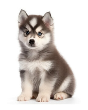 Cute pomsky puppy studio portrait on white 