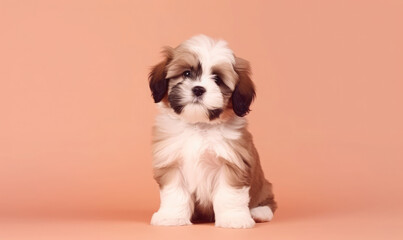 Cute brown and cream doodle puppy on a peach background. Adorable pet studio shot.