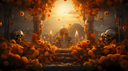 An atmospheric Día de los Muertos setting with delicately crafted sugar skulls amid a sea of marigold flowers, 3D digital rendering, reflecting the rich cultural heritage of the Day of the Dead - obrazy, fototapety, plakaty