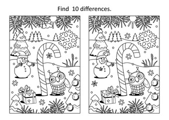 Difference game or picture puzzle and coloring page with magic candy cane, owl and snowman
