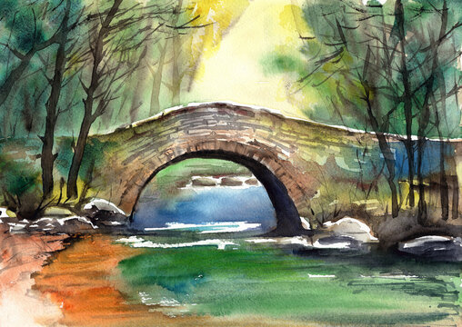 Watercolor illustration of an old stone bridge over a river in a dense green forest (This illustration was created without the use of artificial intelligence!)