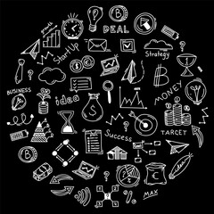 Doodle business icons set in circle concept. Lamp idea, target, cloud, money plant, clock, paper plan, schemes, pyramids, lettering, arrows, lamp, money tree, coins. Sketch line vector success signs