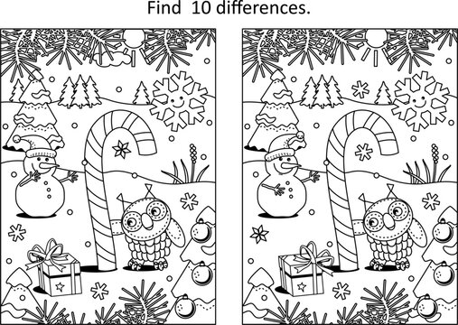 Difference game or picture puzzle and coloring page with magic candy cane, owl and snowman
