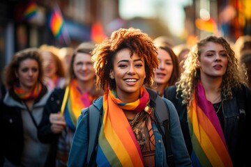 The city pulses with jubilant pride as people from every spectrum of the LGBT community unite, brandishing colorful queer flags and embracing the jubilation of gay pride during this spirited parade - obrazy, fototapety, plakaty