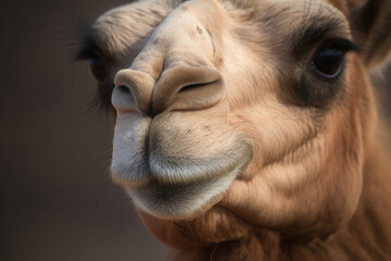 Fototapeta premium Extreme closeup portrait of a camel's head and face seen up front. Wildlife macro photography 
