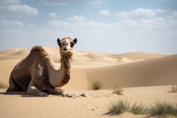 Camel sitting in the desert surrounded by sandy dunes