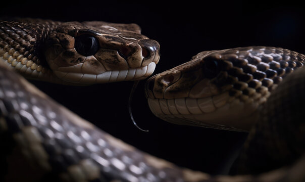 Two snakes interwinding with each others. Closeup view 