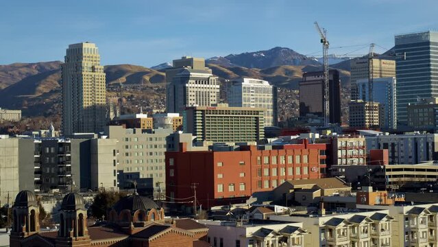 Flying Over Beautiful SLC Skyscrapers In The Morning