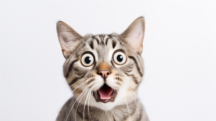 Portrait of a surprised funny cat closeup isolated on white background. Generative AI