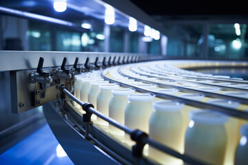 Natural lighting of bottling milk on automatic belt conveyor in modern production factory. Industry and production distribution concept.