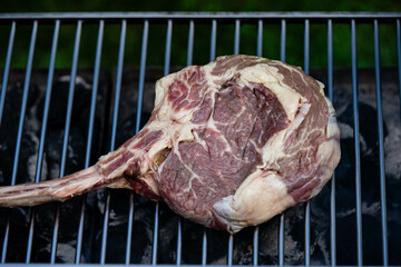 Frisches Tomahawk Steak mit Kräutern und Gewürzen