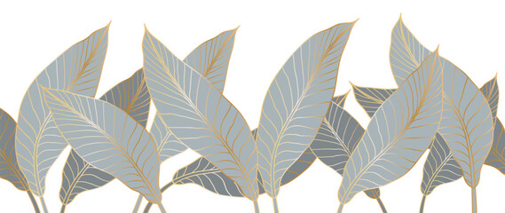 Luxurious gold wallpaper in art deco style. Botanical pattern with golden leaves, Philodendron with monstera plant lines, design for print, decor, interior, fabric.
