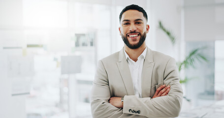 Business man, portrait and smile with arms crossed in an office for confidence and career pride....